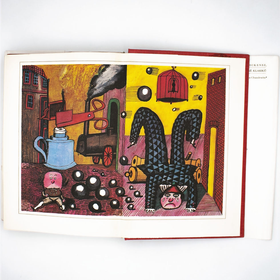 Illustration de livre colorée: deux personnages acrobates tristes, boules noires, maison et oiseaux mécaniques sur fond jaune. Kronika Pickwickova klubu illustré par Jiří Šalamoun