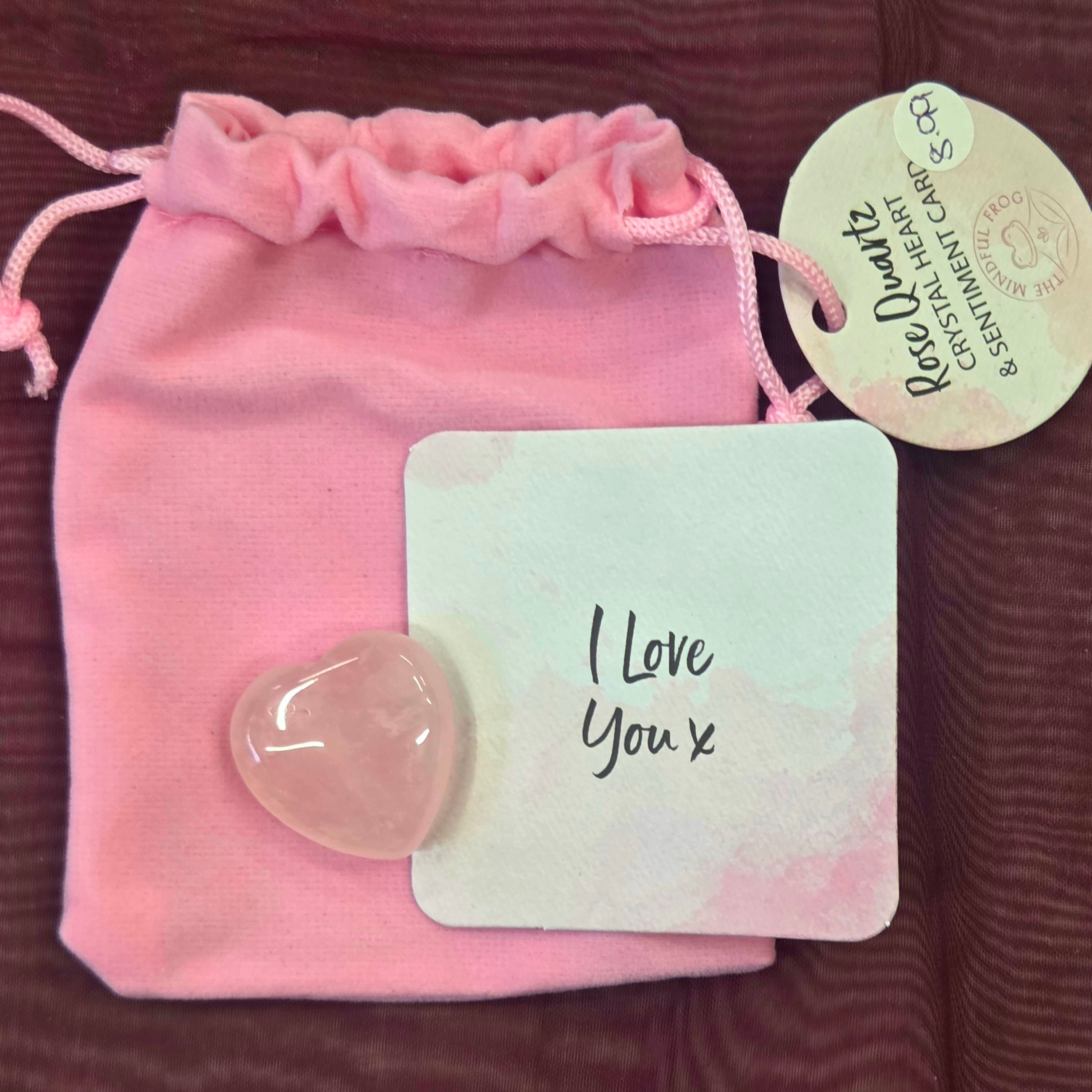  ROSE QUARTZ Crystal heart in gift bag with sentiment card.