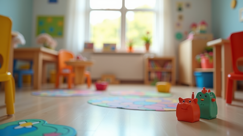 Eye-level view of colorful preschool classroom with educational toys