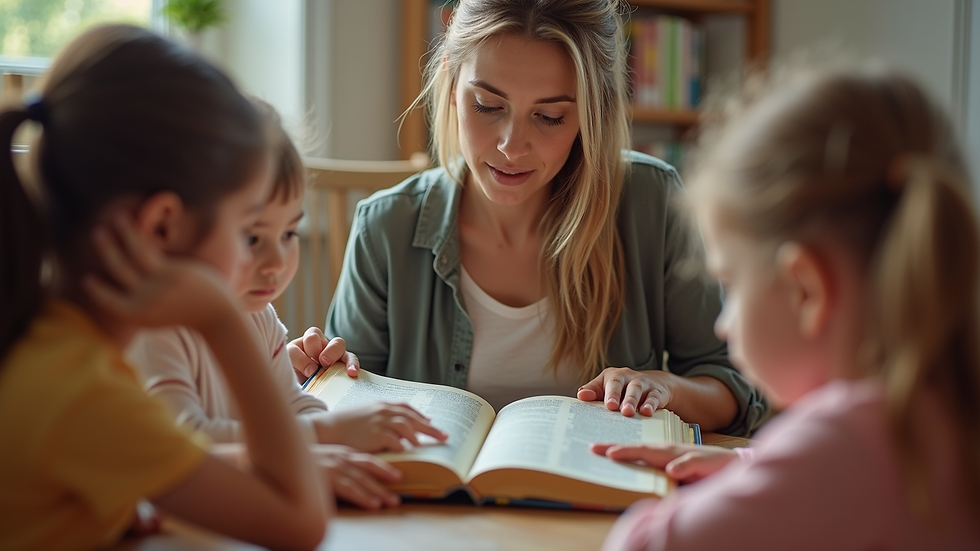 Close-up view of a teacher reading a Bible storybook to preschool children