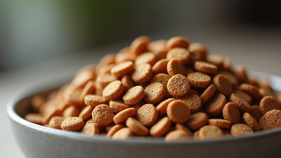 Close-up view of a bowl of dry cat food