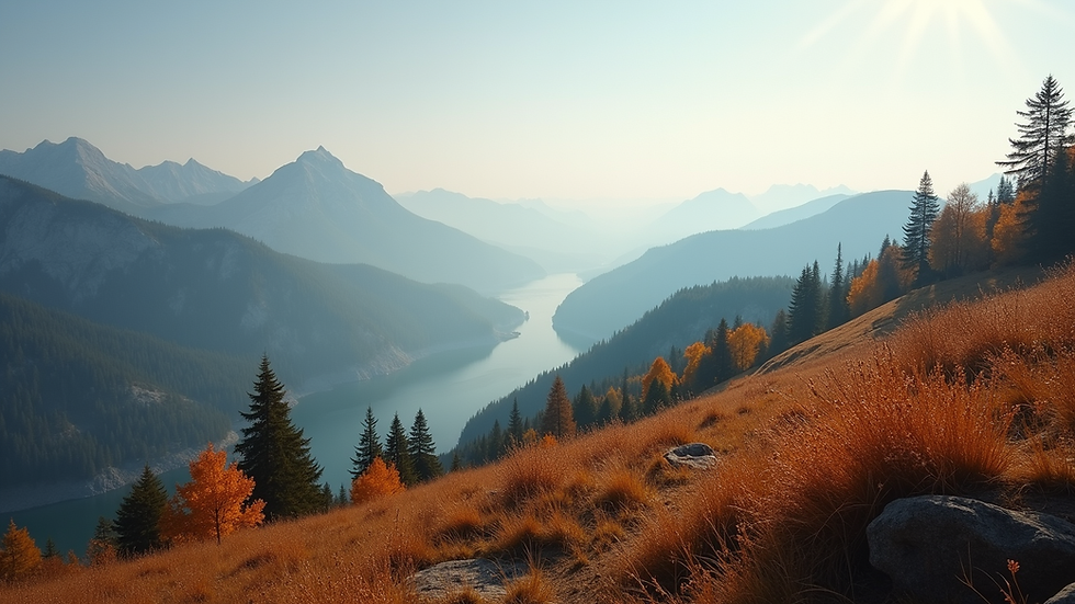 Eye-level view of a serene mountain landscape during autumn