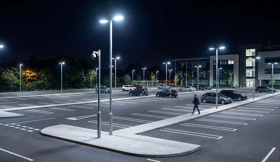 belecuhteter Parkplatz eines Gebäudes im Dunkeln mit wenig parkenden Autos