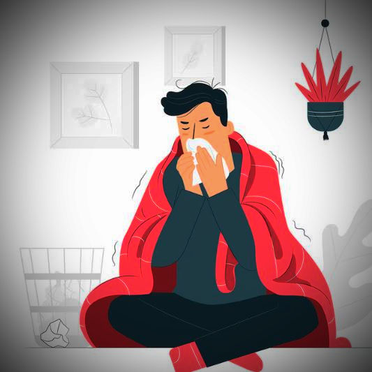 A person wrapped in a red blanket sits sneezing, with tissues nearby. The room has framed art and a hanging plant, suggesting illness.