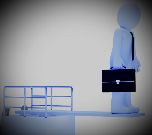image of a man with a suitcase on a springboard 