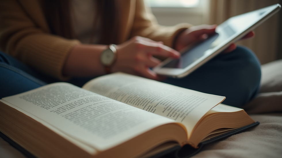 Eye-level view of a person reading a book with a digital tablet nearby