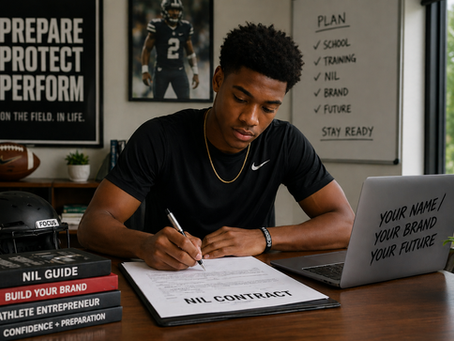 Man signs NIL contract at desk with books. "Prepare, Protect, Perform" poster and football gear in background. Laptop reads "Your Name, Your Brand, Your Future."