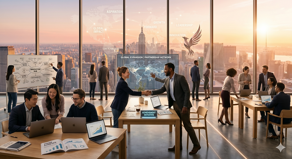 People in a modern office with city view, collaborating at tables. Two people shake hands; graphs and "Global Impact" text visible.