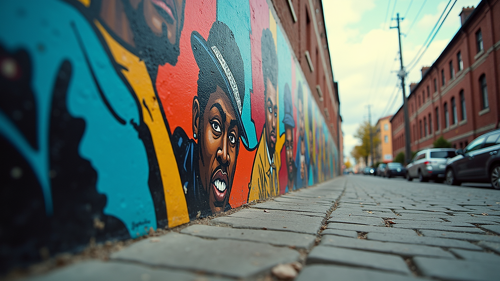 Eye-level view of a colorful mural depicting hip-hop culture