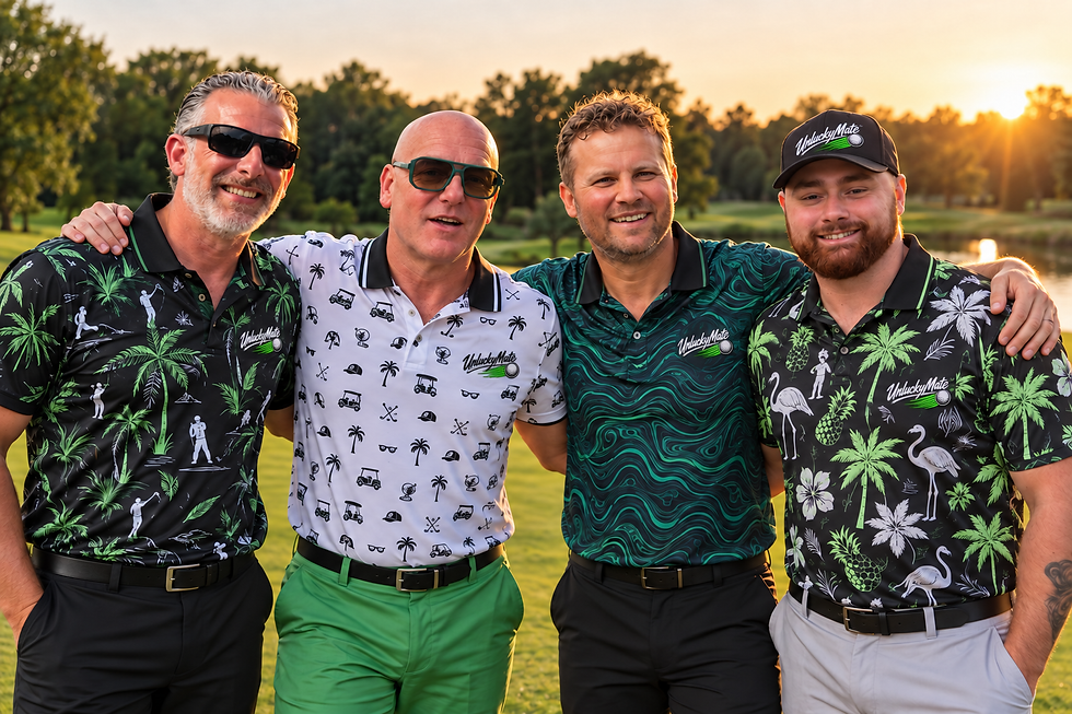 Four men in UnluckyMate golf shirts, bad shots good times.