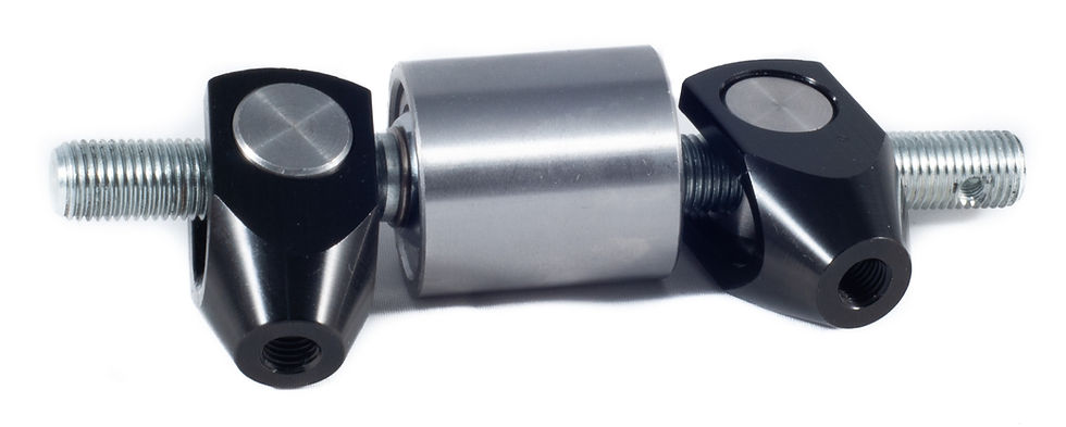 Metal hardware piece with a cylindrical silver center and black end caps. Two threaded bolts extend from each side on a white background.