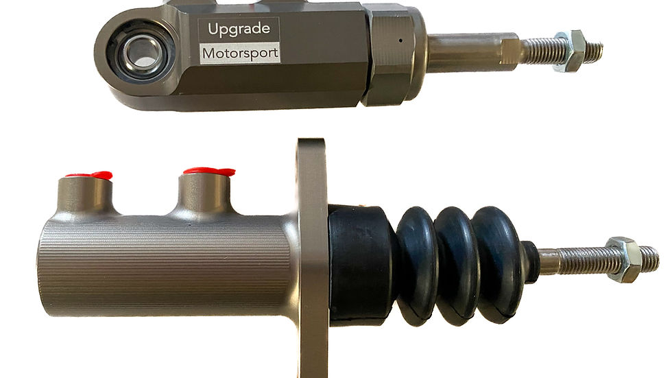 Two metallic automotive parts on a white background. One is labeled "Upgrade Motorsport." Red accents and a black rubber bellow are visible.