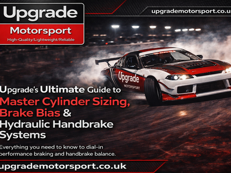 Drift car with "Upgrade" branding speeds through forest. Text: "Master Cylinder Sizing, Brake Bias & Hydraulic Handbrake Systems." Website link.