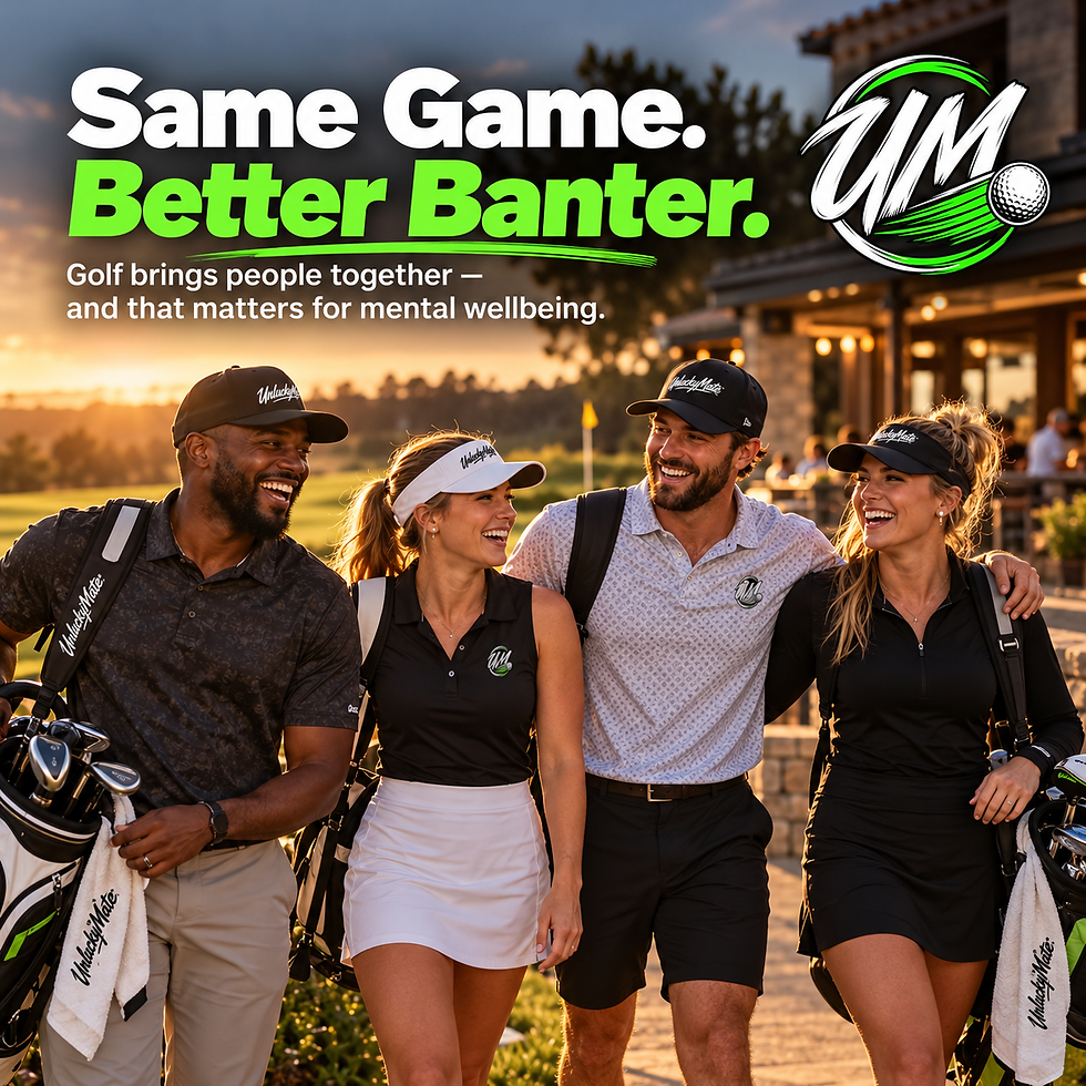 Four smiling golfers walk together at sunset with clubs; poster reads Same Game. Better Banter. Golf brings people together.
