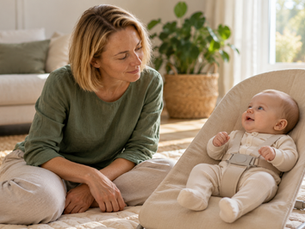 Ein Baby liegt angeschnallt in einer Babywippe auf dem Wohnzimmerboden, daneben sitzt die Mutter auf dem Teppich und schaut es an.