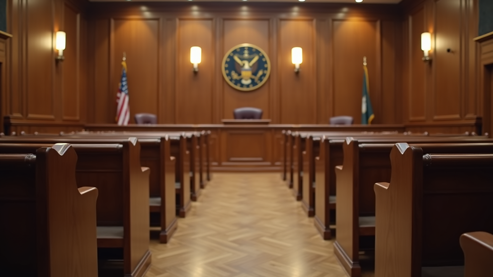 Eye-level view of a courtroom with empty benches
