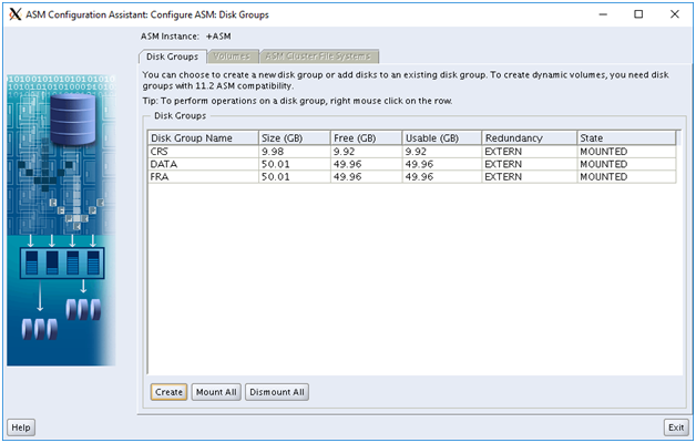 asm configuration assistant - disk groups