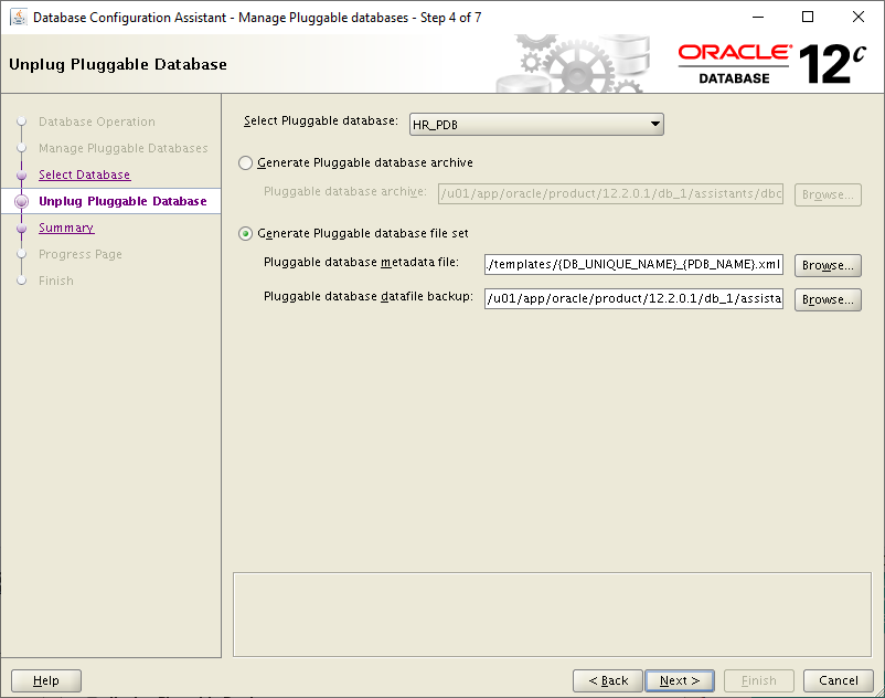 dbca Unplug Pluggable Database - generate pluggable database file set