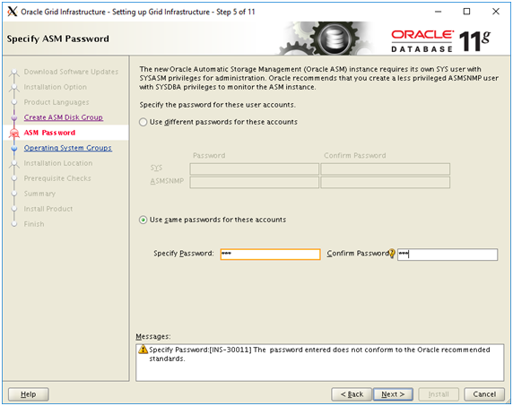 oracle grid infrastructure - asm password