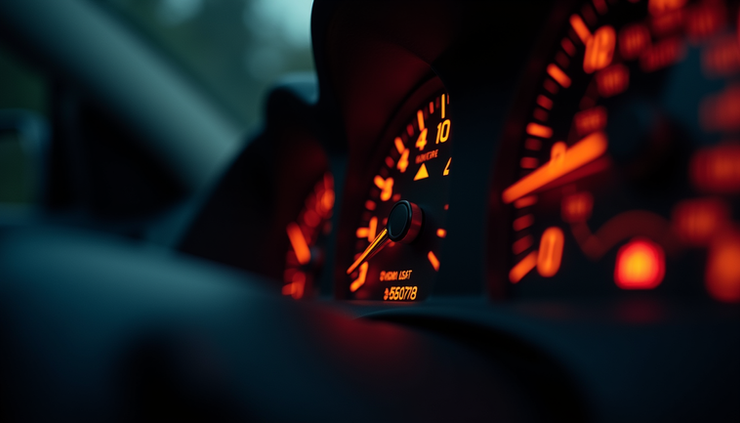 Close-up view of a car dashboard showing illuminated warning lights