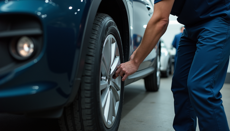 Close-up view of a car tire being rotated by a technician