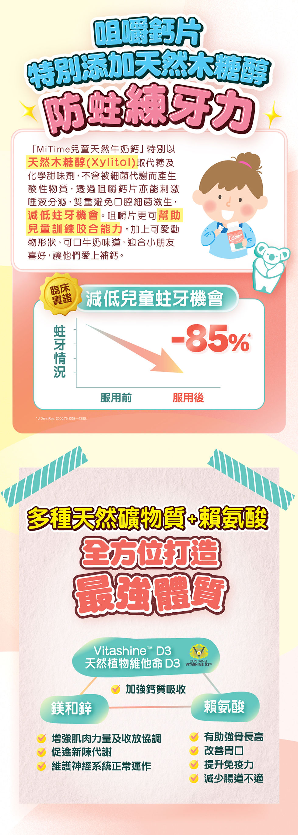 MiTime兒童天然牛奶鈣加入天然木糖醇,減低蛀牙機會。同時加入多種礦物質,打造孩子最強體質