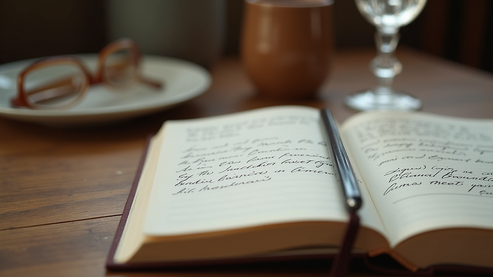 Close-up view of a journal with handwritten notes and a crystal on a wooden table