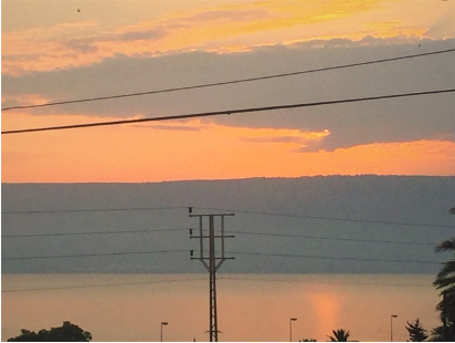 We woke to an absolutely beautiful sunrise on Lake Tiberius (Galilee). Picture taken from our side window.