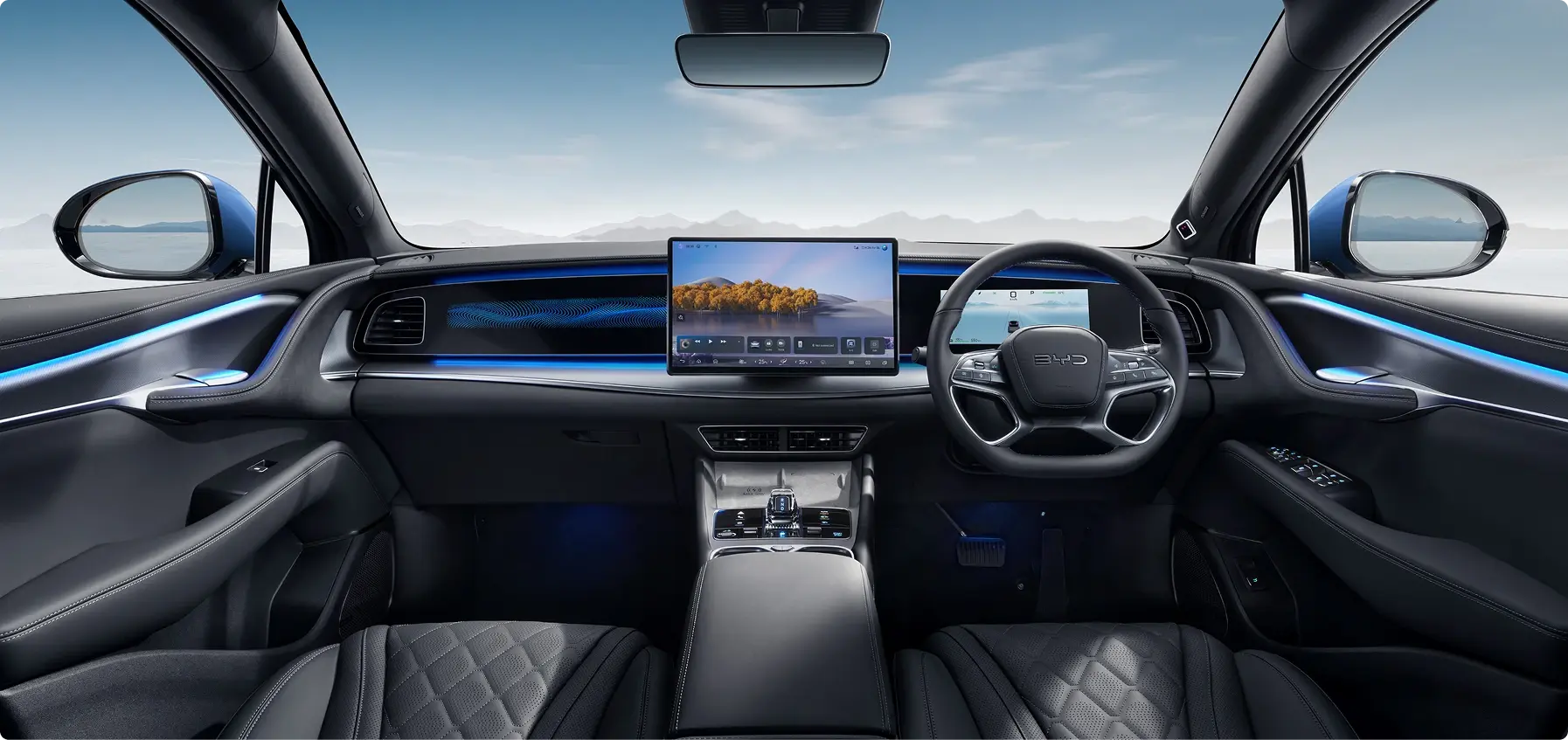 Modern BYD Shark 6 interior with large infotainment screen