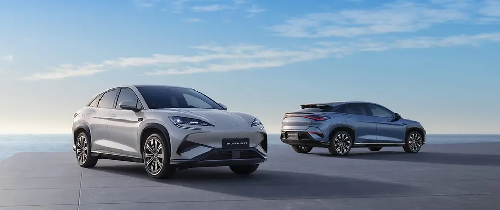 Two modern electric vehicles, one front and one rear