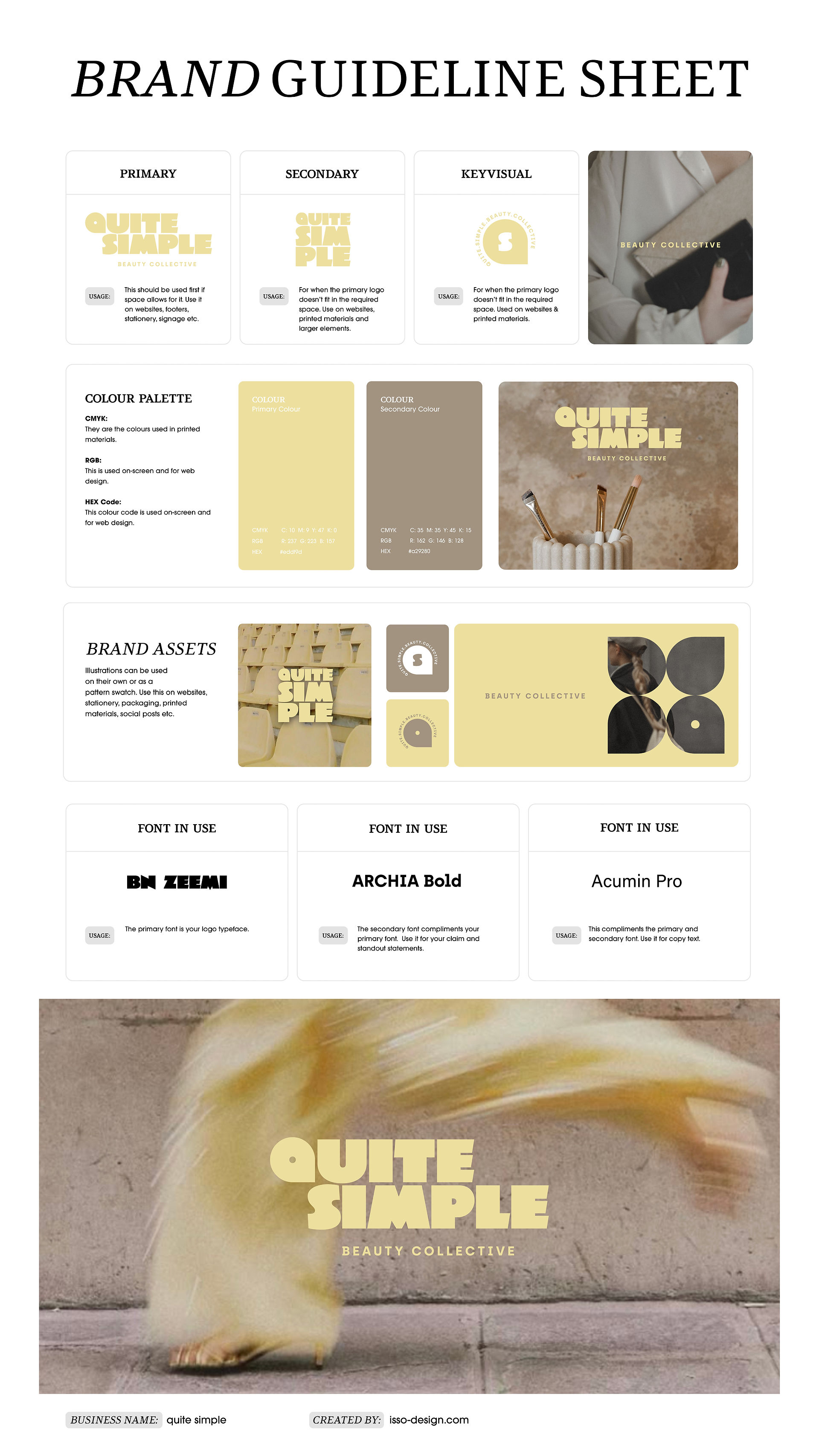 Brand Guideline Sheet für „Quite Simple – Beauty Collective“ mit Logo, Farbpalette und Typografie – Branding-Design von ISSO Design Salzburg.