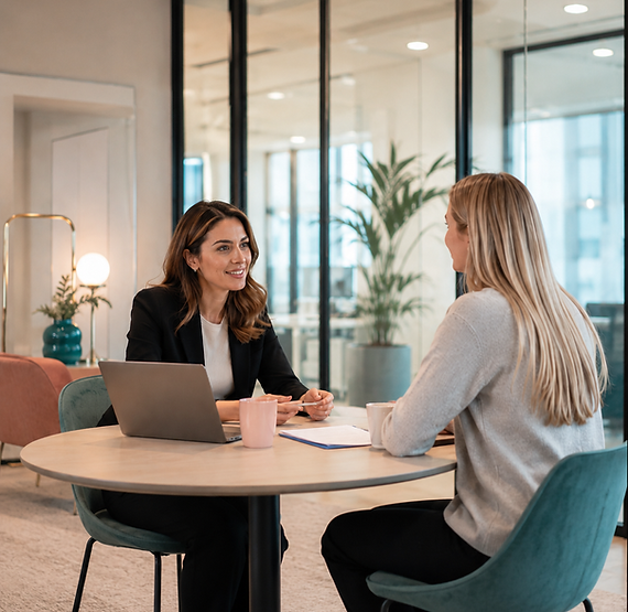 Decorative stock photo of two businesswomen collaborating in a modern open office space.