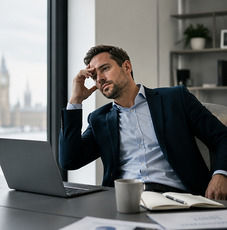 A man in a navy blue suit rests his head on his hand while sitting at an office desk with a laptop