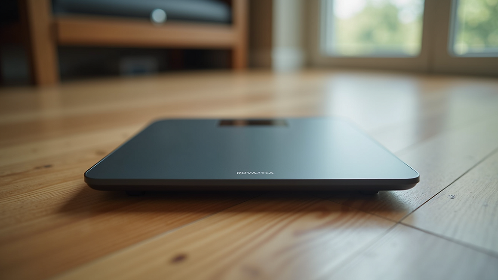 Close-up view of a digital body composition scale on a wooden floor