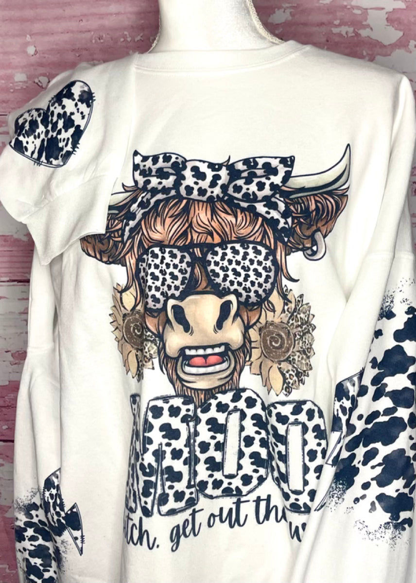 Moo Bitch Cow Print Crew