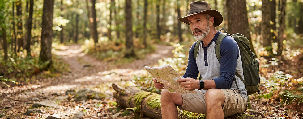 Hiker consulting map at a fork in a wooded path