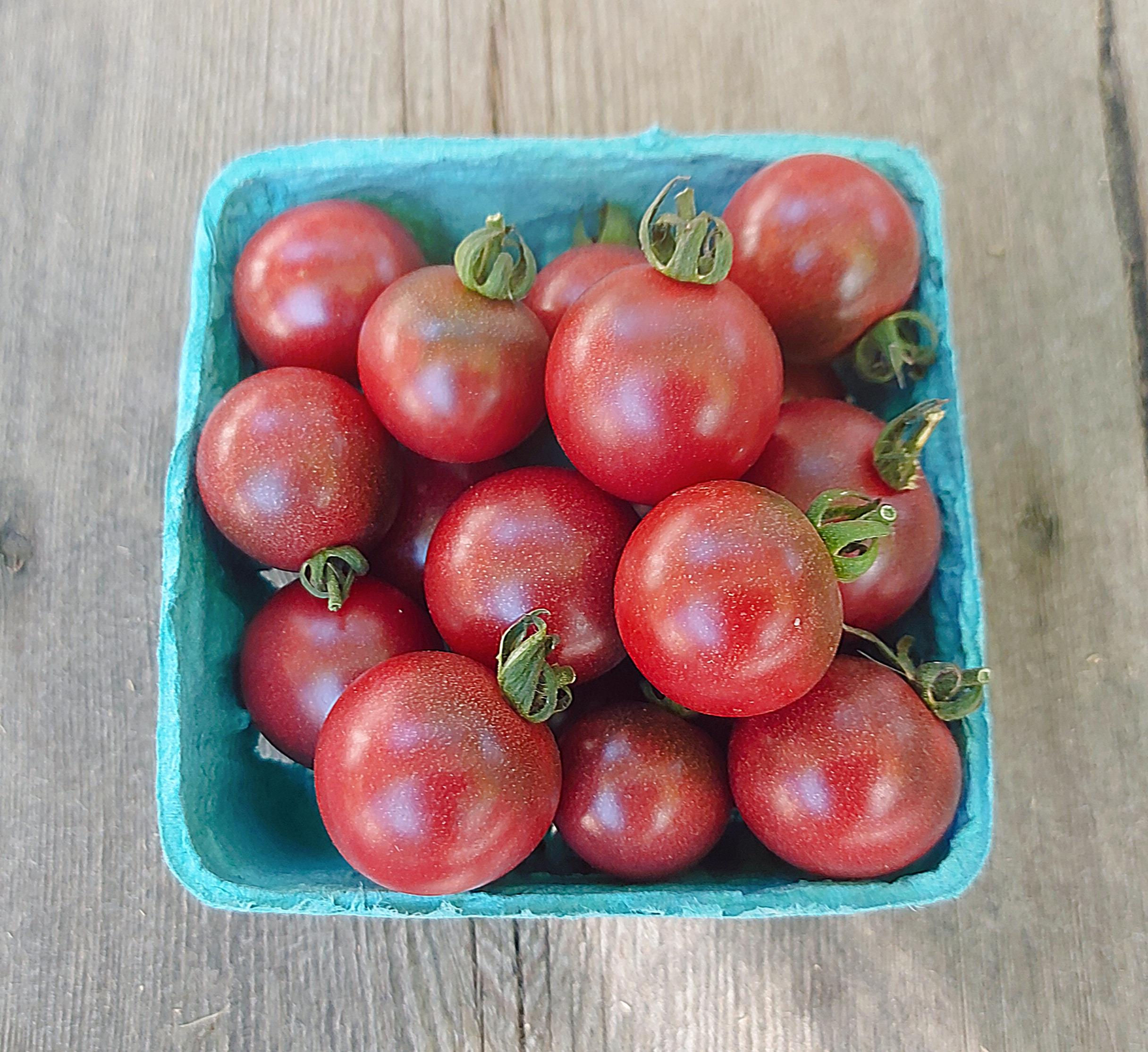 rosella cherry tomatoes in pint basket on reclaimed barn wood boards