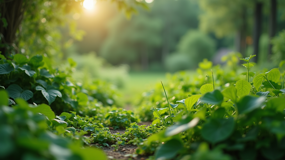 Eye-level view of a lush green garden with diverse plants