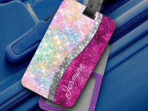 Review Cute iridescent pink silver faux glitter monogram luggage tag