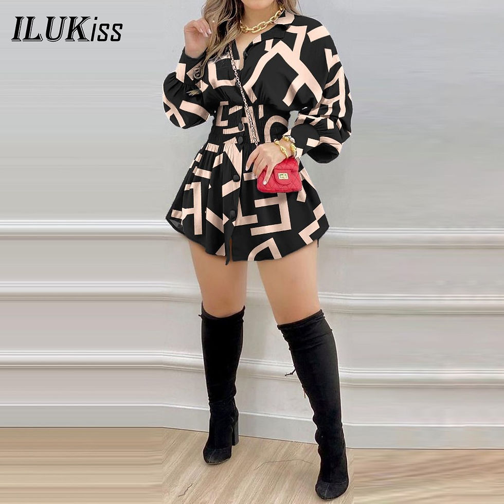 Printed Long Sleeve High Waist Shirt Mini Dress
