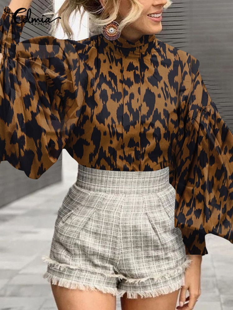 Leopard Print Lantern Sleeve Blouses