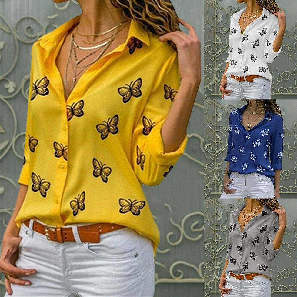 Butterfly Print Long Sleeve V Neck Button Blouse