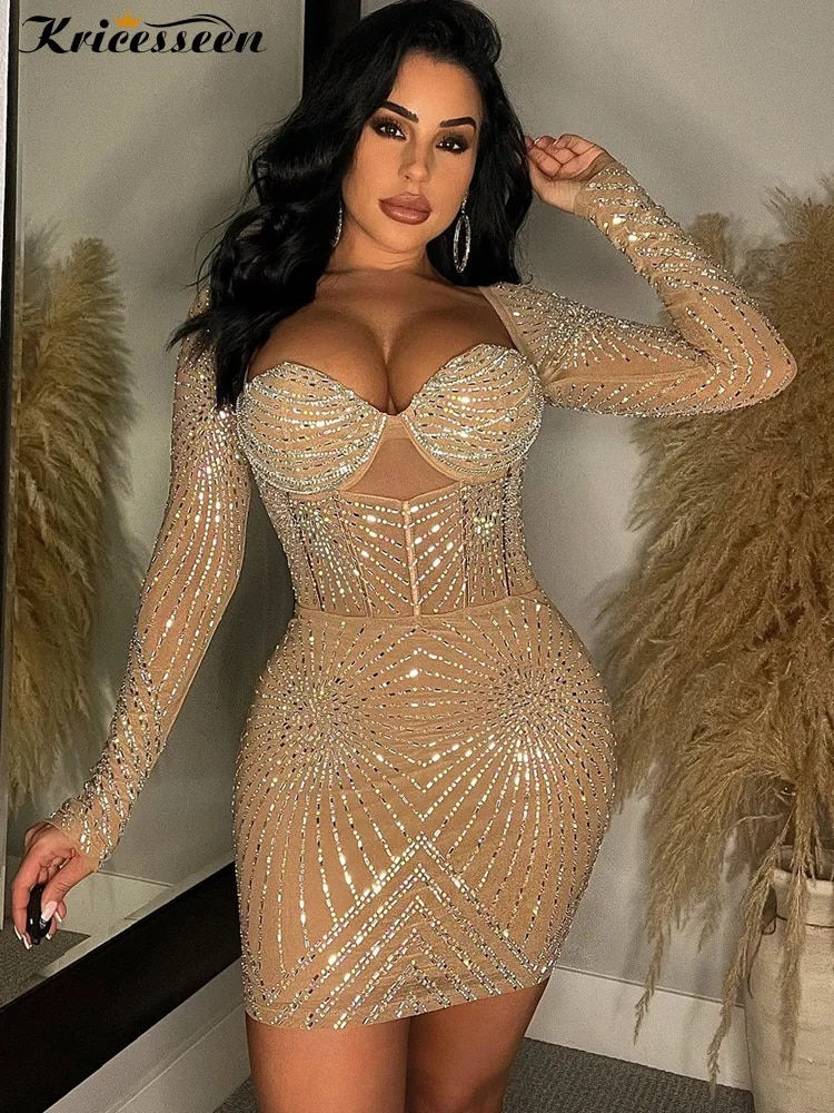 Rhinestone Sheer Mesh Bodycon Mini Dress