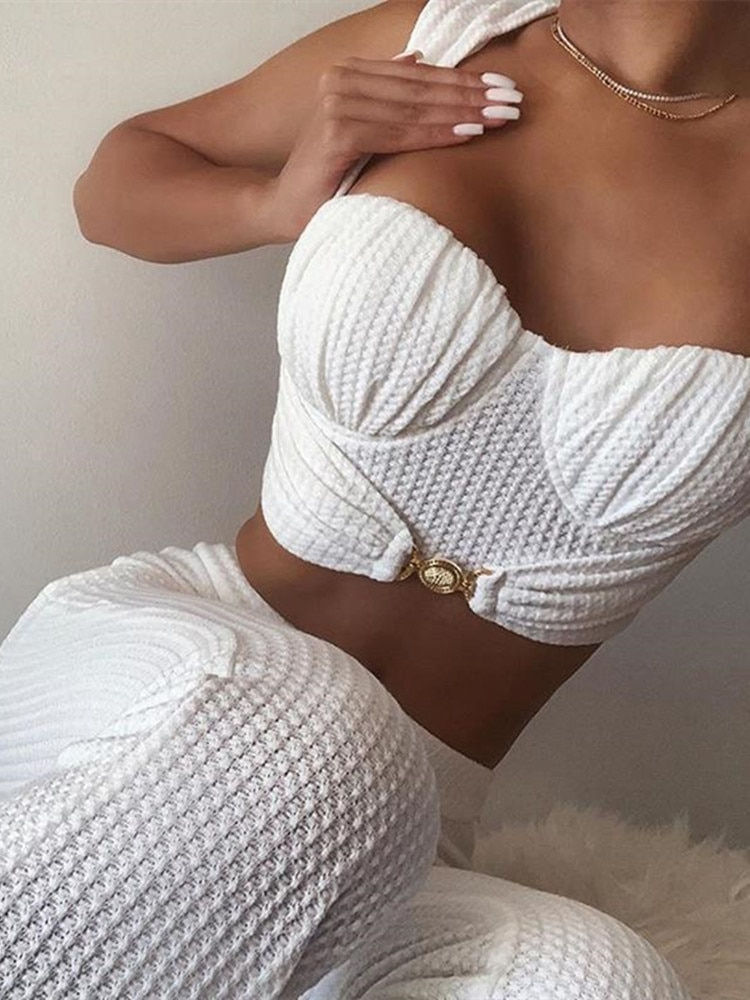 Thumbnail: Corset Crop Top And Flare Leggings Pants Suit Piece