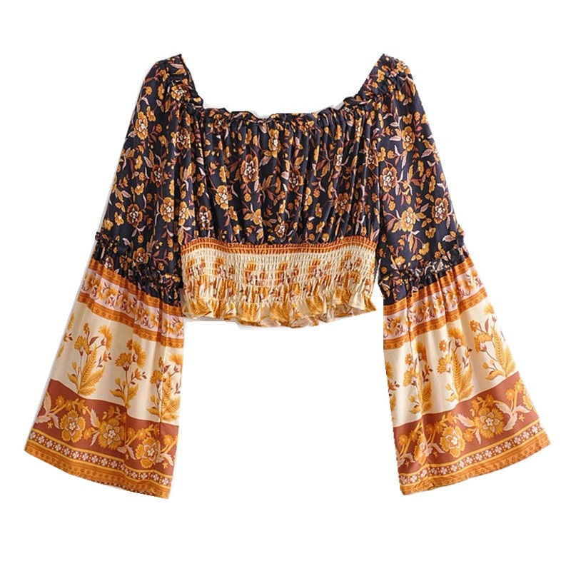 Ruched Elastic Floral Print Pullover Shirt