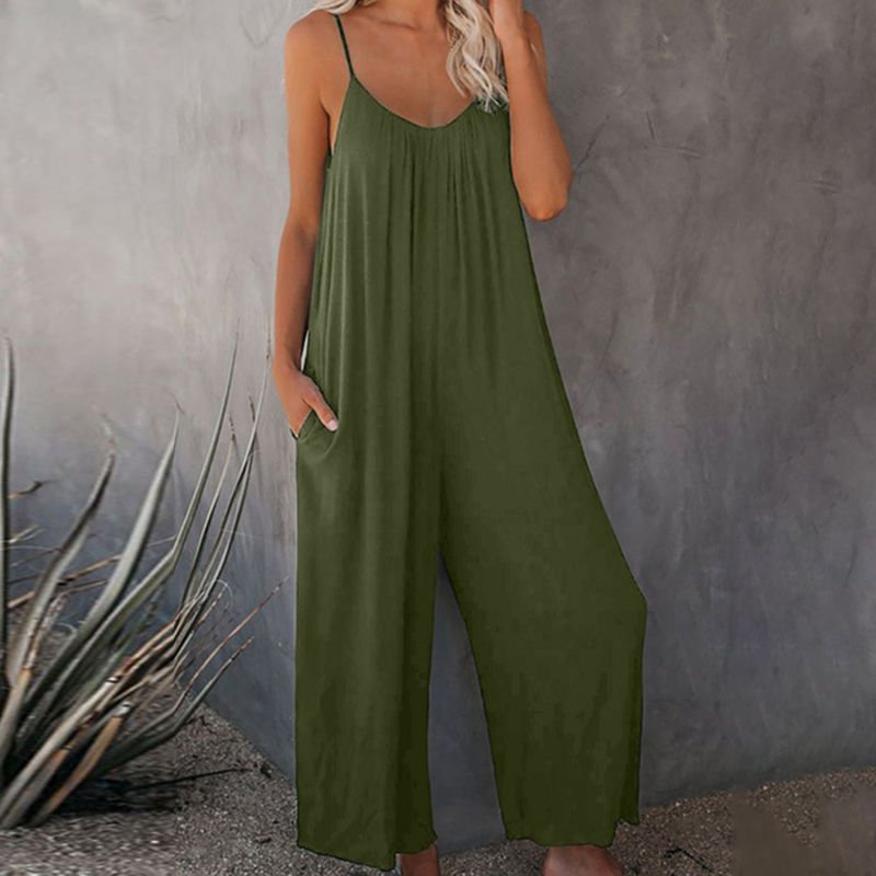 Thumbnail: Solid Color Sleeveless Wide Leg Loose Romper Jumpsuit 