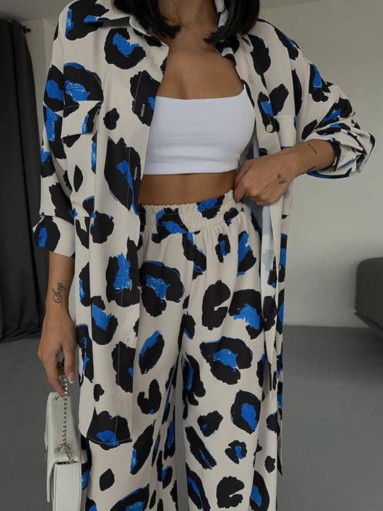 Thumbnail: Leopard Printed Elegant Long Sleeve Top and Wide Leg Pants Two Piece 