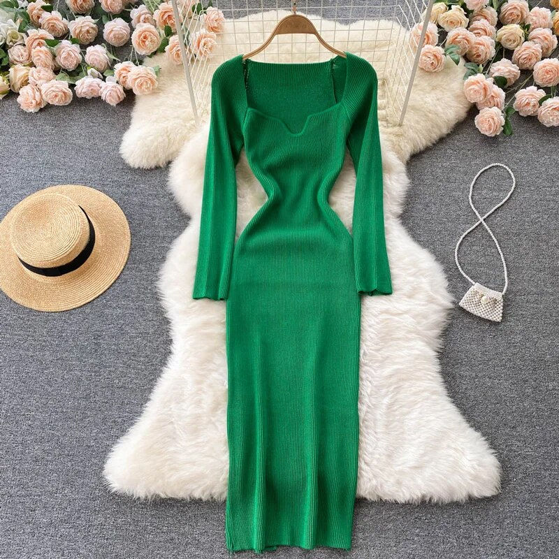 Thumbnail: Knitted Ribbed Bodycon Long Sleeve Midi Sweater Dress 