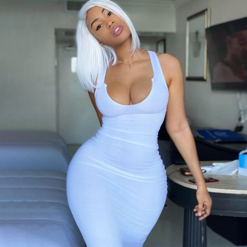 Thumbnail: V Neck Skinny Tank Ribbed Bodycon Dress  