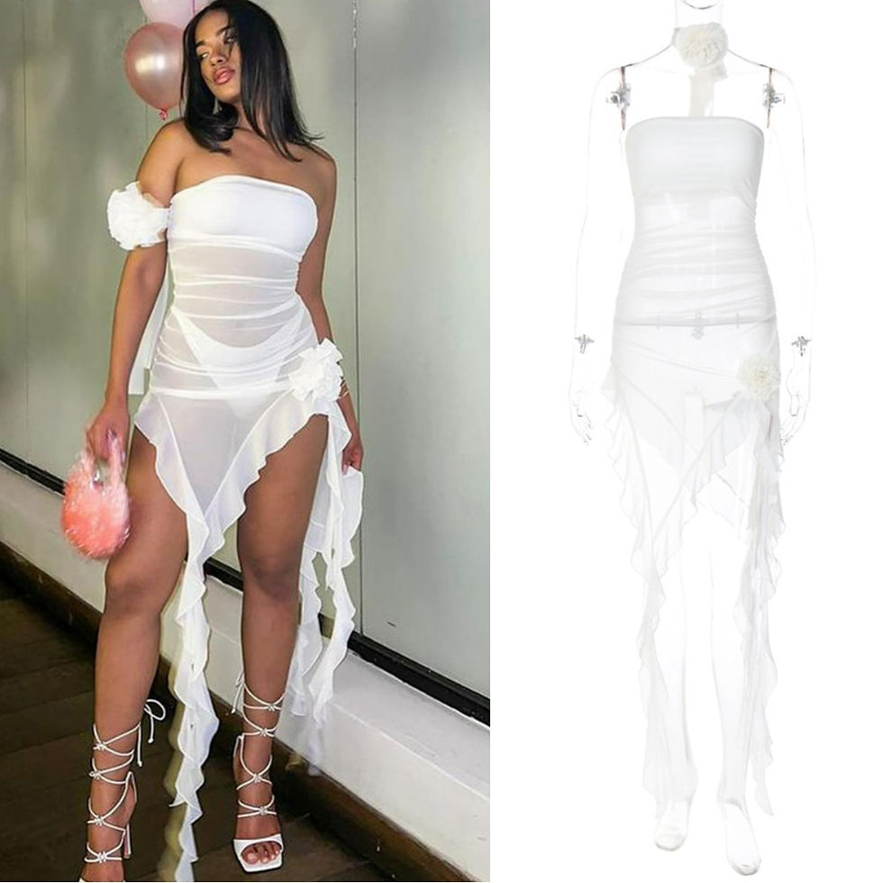 Thumbnail: See Through Mesh and Ruffle Trimmed Spaghetti or Strapless High Slit Dress